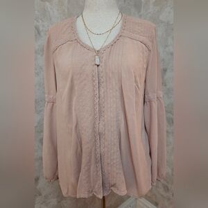 LOGO Lavish by Lori Goldstein Blush Pink Boho Peasant Blouse XL Lace Trim Rayon